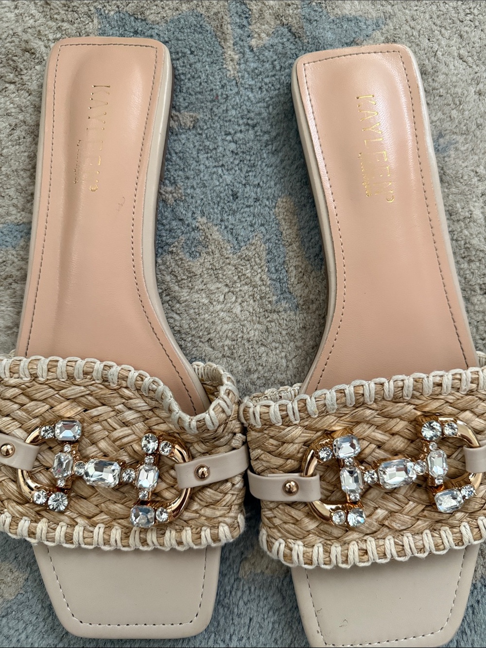 KAYLEEN By Los Angeles Natural Raffia Slide Sandals with Crystal Chain - Picture 2 of 2